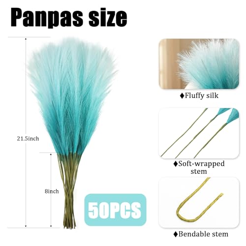 TORONTOKYO Light Blue Pampas Grass Decor, 50Pcs 21.6 inch Artificial Short Faux Pompas Grass, Boho Neutral Home Decor Bouquet for Floor Vase, Wedding, Party, Farmhouse, Bedroom Decor (Turquoise) - color: Turquoise, size: 21.6inch-50Pcs