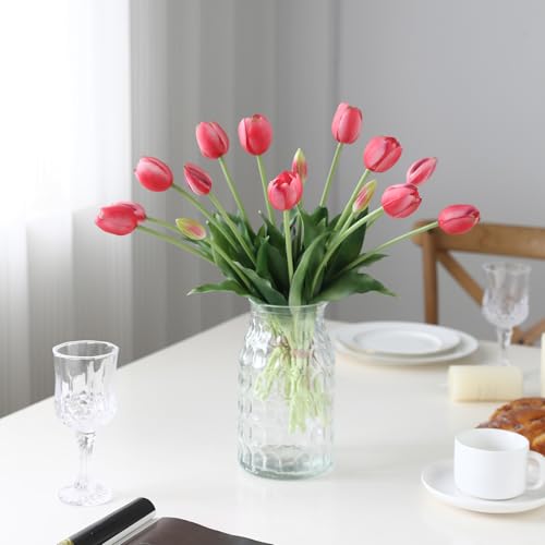 15 Pcs Deep Pink Artificial Tulips Fake Flowers, Premium Latex Lifelike Texture, UV Resistant Waterproof Faux Tulip Bouquets with Snap-on Petals for Outdoor, Home, Wedding Decor - color: Deep Pink