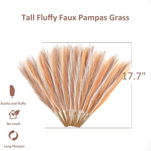 Pampas Grass Small, Brown&Off White&Orange 30 Pcs 17" Faux Pampas Grass Short Decor, Pompas Grass Flower Arrangement and Vase Filler for Boho Home Wedding Decoration - color: Brown&off White&orange, size: 17'' Tall