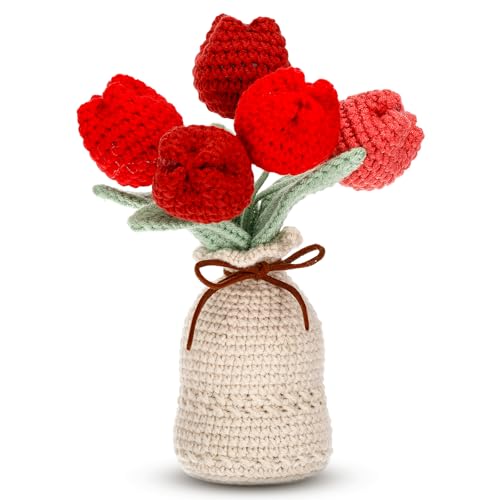 Marsui Crochet Knitting Tulip Bouquet with Vase 7" Knitted Artificial Forever Tulip Handmade Woven Flower with Exquisite Pot Gift for Father's Gifts Back to School Gift Family Home Desk Decor(Red) - color: Red, style: Tulip