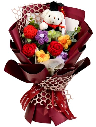 Graduation Gifts Crochet Flowers Bouquet, Handmade Sunflower Rose Bear Graduations Flower Bouquet for Birthday, Teacher Appreciation Gifts, Christmas, Home Décor (Include Card) Red - color: Red