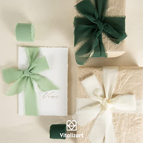 Vitalizart Handmade Chiffon Silk Ribbon Fringe Green & Cream 1.5" x 21 Yd Frayed Edges Ribbons for Wedding Invitations Bridal Bouquets Gifts Wrapping Crafts Holiday Party Decorations - color: Cream & Green