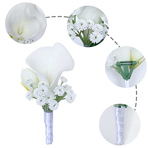 White Wrist Corsage and Men Boutonniere Set Artificial Calla Lily Bridesmaid Wrist Corsage Groomsmen Boutonniere for Wedding Ceremony Anniversary Party Prom (White, 1) - color: White Boutonniere
