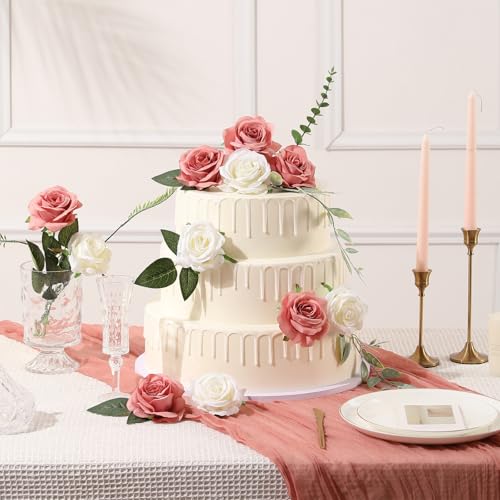 Tifuly Dusty Pink Roses Artificial Flowers -12 Pcs Long Stem Silk Roses, Realistic Fake Roses with Stems for Bridal Bouquets, Home and Office DIY Decor - color: Dusty Pink