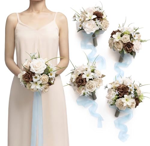 Ling's moment Artificial Bridesmaid Bouquets Set of 4,Beige Wedding Flower Bouquets Brown Floral Bouquet Bridal Bouquets with Ribbon Ceremony Anniversary,7-inch Diameter - color: Br-brown
