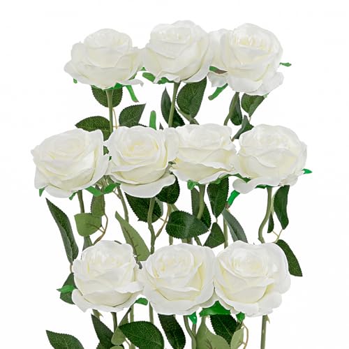 Luyue 10PCS Artificial Roses Flower with Stems Slik Fake Flowers Bouquet Realistic Long Stem Faux Rose for Wedding Home Decor - color: White