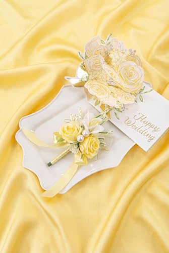 Yellow Rose Corsage and Boutonniere Set, Prom Flower Wrist Corsage Wristlet Band Bracelet, Boutonniere for Men White Wedding Flowers Accessories Prom Suit Decorations - color: Yellow