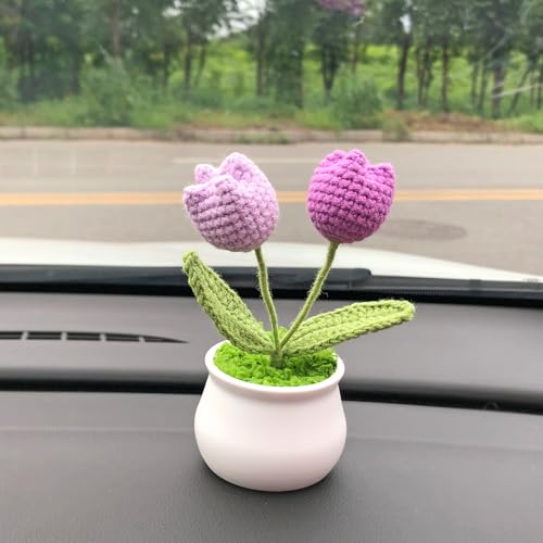 Joekaran Crochet Flowers Cute Little Potted Flower, Gift for Birthday, Teacher’s Day, Graduation, Anniversary, Christmas, Decor for Car Dashboard,Home Office Decoration (Purple Gradient Tulips) - color: Purple Gradient Tulips
