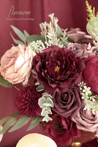 Floroom Burgundy Mauve Artificial Flowers Marsala Fake Roses Peonies and Greenery Combo Box Set for DIY Dark Red Wedding Bouquets Bridal Shower Centerpieces Floral Arrangements Party Tables Decoration - color: Enchanted Burgundy