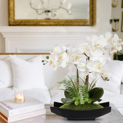 Briful Orchid Artificial Flowers 15in White Fake Orchid Silk Flowers with Black Pot Faux Phalaenopsis Arrangement for Home Office Room Table Centerpiece Modern Decor - color: Black White