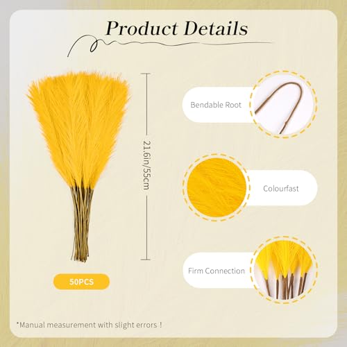 50pcs Golden Yellow Pampas Grass 21.6 Inch Non-Shedding Faux Pampas Grass Decor, Fluffy Artificial Pampas for Boho Home, Wedding Centerpieces and Neutral Vase Arrangements - color: Golden Yellow