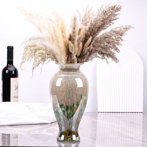 11.8" Tall Blown Green Glass Vase, Colorful Opaque Glass Vase, Unique Design Wide Mouth Art Decoration for Home, Living Room, Dining Table, Pampas Grass Decor (Green) - color: Green