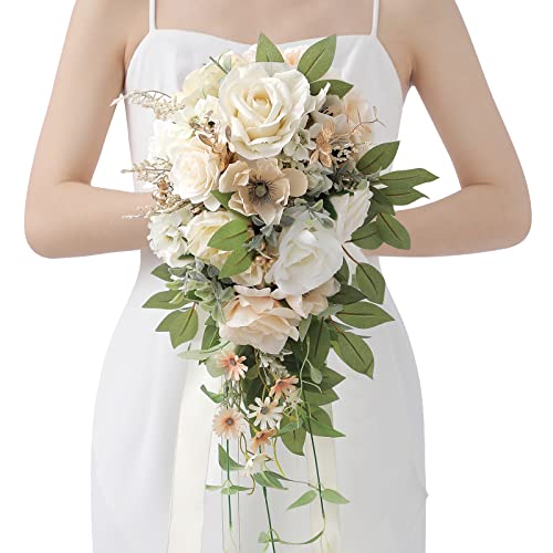 Serwalin 9.8 Inch Wedding Bouquets for Bride Bridesmaid, Champagne Rose Bridal Bouquets for Bride, Wedding Flowers Bouquet Tossing Bouquet, Wedding Ceremony and Anniversary Day Decoration - color: Adorable Champagne