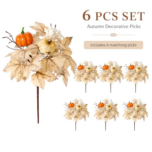 6 Pcs Fall Pumpkin Floral Picks, Artificial Maple Leaf Berry Stems, Thanksgiving Wreath Centerpiece Vase DIY Decorations - color: Red Yellow