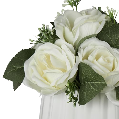 Deco 79 Fabric Artificial Flower with Green Leaves and Round Ceramic Vase, 8" x 8" x 9", White - color: White, size: 8" x 8" x 9"