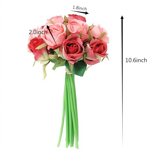 Jasion Artificial Roses Fake Flowers 12 Heads Arrangement Silk Bouquet for Home Office Parties Bridal and Wedding Decoration (Red and Pink) - color: Red With Pink