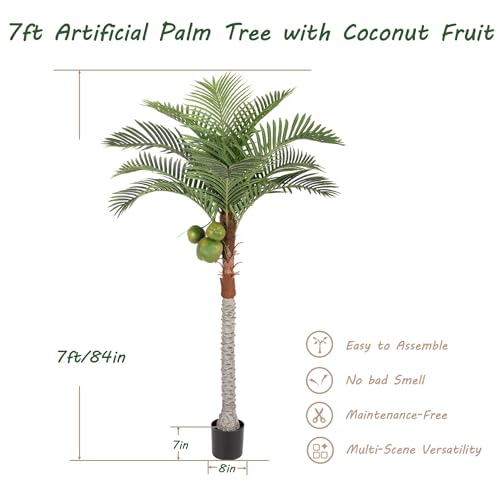 Bellacat 7ft UV Resistant Artificial Palm Tree with Coconut Fruit, 84in Faux Palm Coconut Tree with Large Fuller Leaves, Fake Palm Tree for Patio Backyard Poolside Living Room Decor - size: 7ft