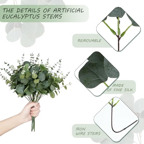 Coreland 120 Pcs 3 Kinds Mixed Artificial Eucalyptus Leaves Stems Fake Silver Dollar Eucalyptus Leaves Stem Bulk Faux Leaf for DIY Bouquets Floral Arrangement Wedding Home Decor - color: Eucalyptus Leaf-120pcs