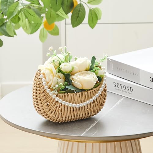Taiyin 4 Pcs Rattan Flower Girl Basket with Pearl Handle 7 x 5 x 4 Inches Small Half Moon Wicker Basket for Wedding Flower Girl Picnic Garden Storage and Home Decor (Light Brown) - color: Light Brown