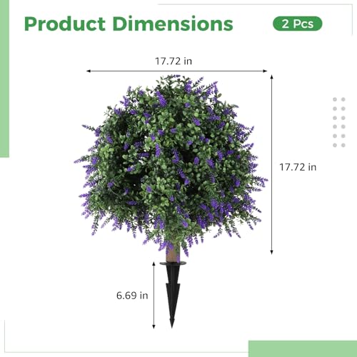 2 Pcs Artificial Lavender Topiary Ball Trees with Flowers, 17.72 in Outdoor Sun Protection Faux Shrubs with Ground Spike, Evergreen Trees for Home, Garden, Patio, Wedding Decor
