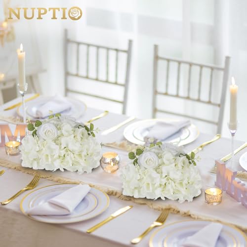 NUPTIO Flower Ball Arrangement Bouquet: 2 Pcs 11.8 inch Diameter White Rose Fake Flowers Balls for Wedding Centerpiece Decorations Artificial Flower Centerpieces for Tables - color: White, size: 11.8" Diam - 2 PCS