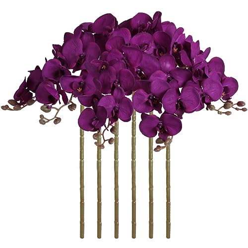 38 Inch Purple Flowers Faux Orchid 6 PCS Orchids Artificial Flowers Velvet Flowers Long Stem Artificial Flowers for Tall Vase for Home Wedding Decoration(Dark Purple) - color: Dark Purple