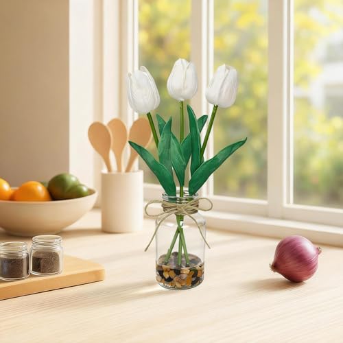 2 Packs Faux Flowers Artificial Tulips in Glass Vase with Faux Water Stone, Poly Foam White Fake Tulips Real Touch Flowers Arrangement for Home Kitchen Wedding Centerpiece Decoration - color: White