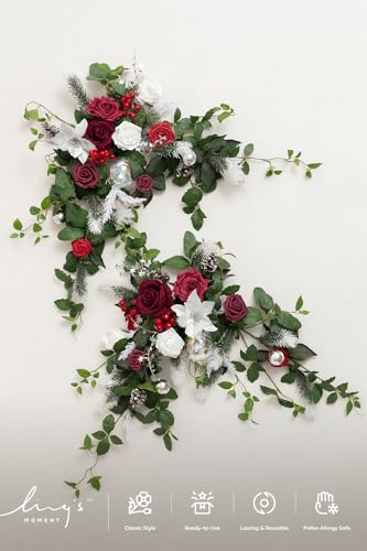 Ling's moment 2PCS Red Artificial Flower Garland Wedding Arch Flowers Christmas Floral Swags Table Centerpieces Rose Arrangements for Sweetheart Table Easel Wall Entryway Board Backdrop Decor - color: Red-red & White