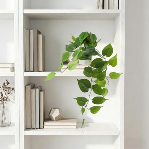 Fake Pothos Hanging Plant – Artificial Plastic Ivy Vines with White Pot, Realistic Faux Greenery for Indoor Home Office Bathroom Shelf Cabinet Decoration - color: Green With White Pot