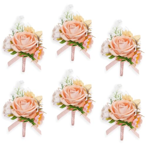 AuroraAria Champagne Boutonniere for Men,Set of 6,Groom Boutonniere for Wedding,Anniversary,Homecoming,Formal Dinner Party,Wedding Decor,Artificial Champagne Rose - color: Champagne