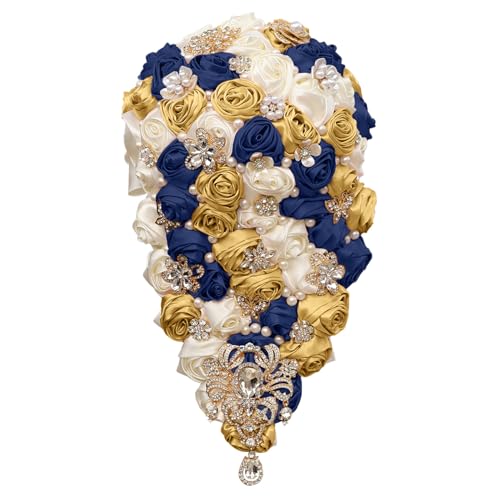 Handmade Satin Rose Water Drop Bridal Bouquet,8.7inch Crystal Wedding Round Tossing Bouquet,Jewelry Proposal Bridesmaid Bouquet Groom Corsage Bride Wrist Flower Ivory (07#Ivory Navy Gold) - color: 07#ivory Navy Gold