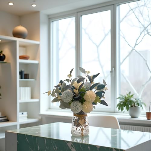 Artificial Flowers with Vase, Faux Flower Arrangement with Eucalyptus Leaves, Silk Hydrangea Table Centerpiece for Home Office Kitchen, Dining Room & Coffee Table Decor - color: White+blue