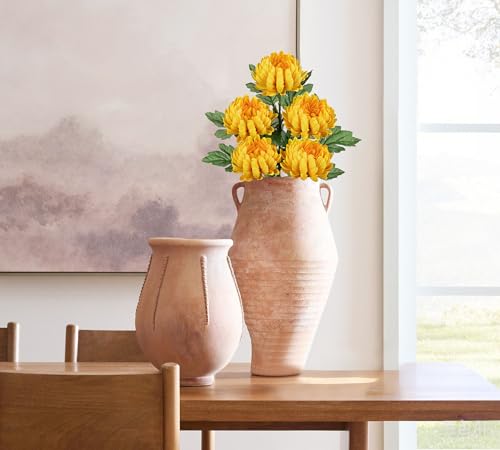 Hollyone 5Pcs Fake Mums Flowers Yellow Artificial Chrysanthemum Flowers Silk 22.8inch Long Stem Floral Arrangements Bouquets Faux Spider Mum Flower Pincushion Flower Bush Spring Home Decor - color: Yellow