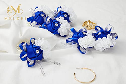 6pcs Royal Blue Wedding Wrist Corsages Faux Silk Rose for Women | for Wedding, Prom, Homecoming, and Evening Party, Wrist Corsages with Pearls for Brides, Bridesmaids, Mother of the Bride - color: 6pcs Royal Blue Wrist Corsages