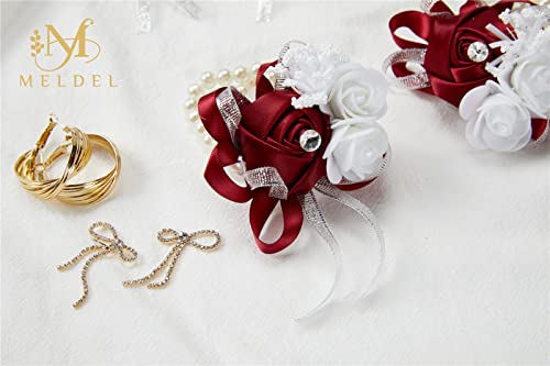 4pcs Burgundy Wedding Corsages Faux Silk Wine Red Rose for Women | for Wedding, Prom, Homecoming, and Evening Party, Wrist Corsages with Pearls for Brides, Bridesmaids, Mother of the Bride - color: 4pcs Wine Red Wrist Corsages