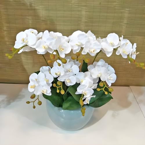 2 Branches Artificial White Phaleanopsis Flowers Faux Orchids Stems Leaves Plants for Home Bonsai Garden Decoration (White)