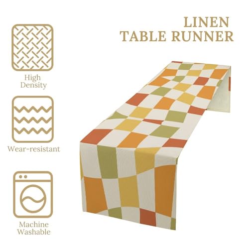 Retro Groovy Hippie Table Runner Vintage Twisted Geometric 1960s Sage Green Trendy Wavy Checkered Dinner Runner for Country Farmhouse Kitchen Birthday Party Holiday 36X13inch - color: Checkered-11, size: L36"x W13"