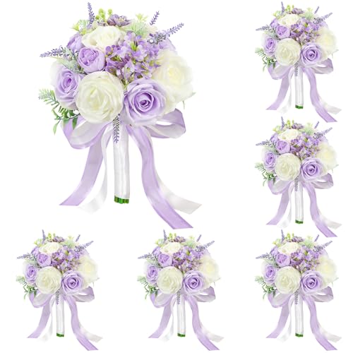 Set of 6 Bridesmaid Bouquets for Wedding - 7 Inch Artificial Flowers Bouquets for Ceremony Anniversary Centerpieces Decorations - Dusty Purple - color: Dusty Purple, size: Set of 6 Bridesmaid Bouquets