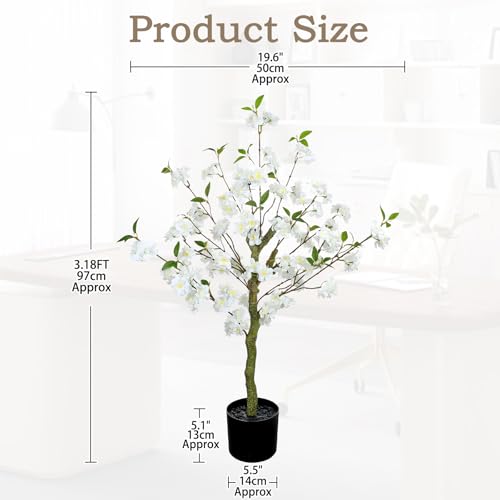 3 FT Artificial Cherry Blossom Tree in Black Pot, White Faux Sakura Tree with Planter for Indoor Decorations, Real Touch Fake Plants Potted for Home Bedroom Living Room Entryway & Office Decor - color: White