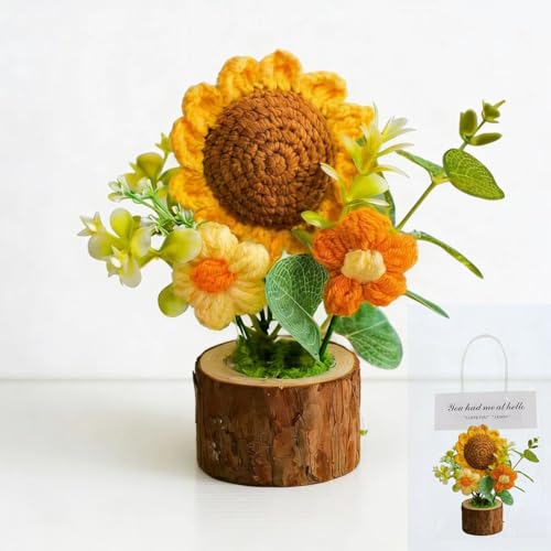 Handmade Knitted Sunflower Potted Plant Decoration | Cute Crochet Artificial Sunflower Decor Boho Home Decor for Desk Office Car Dashboard Inspirational Gift for Women