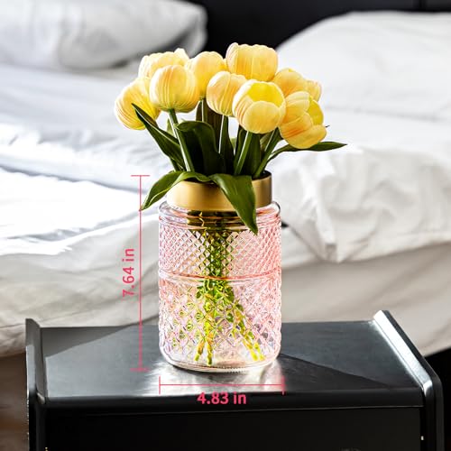2-Pack Flower Vase Glass, 7.6 '' Pink Fluted Vase with Golden Metal Top, Valentine's Day Stylish Decorative Vases for Tabletop Centerpiece, Kitchen, Living Room, Bedroom, Bathroom, Gift for Mom - color: Pink