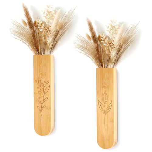 Wood Wall Vase Set of 2, 11.6 x 2.52 x 1.37 Inch for Dried Flowers and Faux Greenery Plants for Bathroom, Kitchen, Farmhouse, Dining Room Wall Decor (Natural) - color: Natural