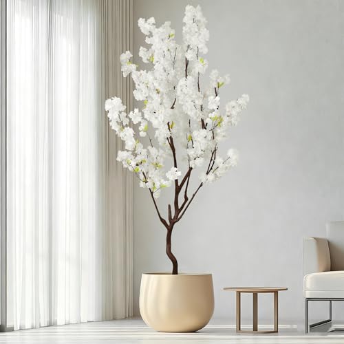 Faux White Cherry Blossom Tree 7ft(84in) Artificial Silk White Flower Tree Lifelike Large Fake Floral Tree for Wedding Realistic Elegant Cherry Sakura Plant in Pot for Home,Living Room,Office Decor - color: Cherry Blossom(white 6), size: 7ft