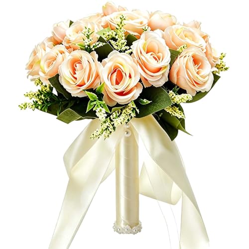 CYANLUX Wedding Bouquets for Bride Bridesmaid Bouquet Champagne White Artificial Roses Flowers for Wedding Valentine's Day Church Home Decoration (1#Champagne)… - color: 1#champagne
