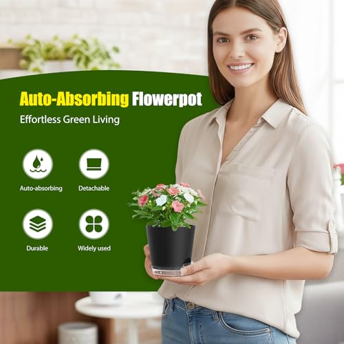Plant Pots 4 Inch Self Watering Pots,6 Pack Plastic Planters with Drainage Holes and Clear Saucers,Plastic Flower Pots,Nursery Planting Pot for Indoor Out Door Plants (Black, 4 inch) - color: Black, size: 4 inch