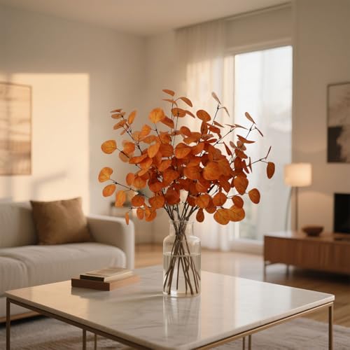4PCS 23.62" Burnt Orange Fall Eucalyptus Stems Artificial Eucalyptus Leaves for Autumn Vase Decoration,Rustic Thanksgiving Centerpiece & Christmas Home Decor - color: Autumn Yellow