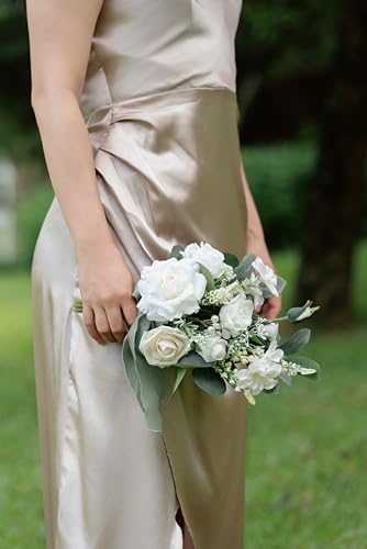 Set of 6 White Bridesmaid Bouquet, Sage Green Bridal Bouquets for Bridesmaids,Small Wedding Bouquet,for Wedding, Ceremony, Anniversary, etc,Artificial Flowers - color: White & Sage Green