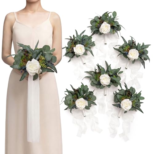 Ling's moment Artificial Bridesmaid Bouquets Set of 6 Eucalyptus Wedding Flower Bouquets White Floral Bouquet Bridal Bouquets with Ribbon Ceremony,Anniversary,7-inch Diameter - color: Wht-white