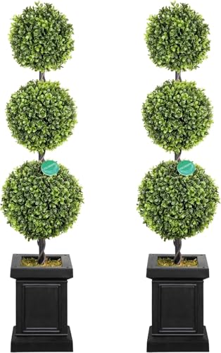 3.5ft Boxwood Outdoor Topiary Set of 2, Tall All Year Green Fake Plant Topiary Trees Artificial Outdoor Porch Trees with Sturdy Pot for Outdoor Indoor (Ball)