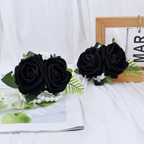 2Pcs Black Artificial Rose Wrist Corsage Wristlet Band and Boutonniere Set, for Wedding Bride Bridesmaids Men Groom Groomsmen Flowers Accessories Prom Party Suit Decor - color: Black
